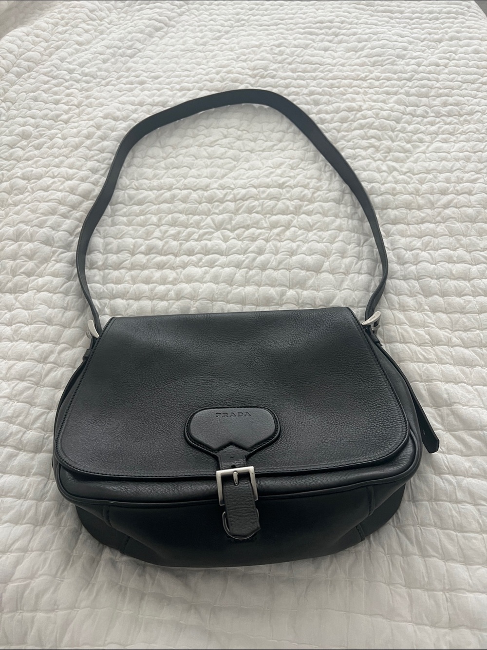 Mint condition!  Prada Black Pebbled Leather Shoulder Bag with Buckle Detail